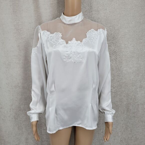 Susan Hutton Vintage White Satin Sheer Mesh Long Sleeve Blouse Women's Plus Size - Picture 1 of 9